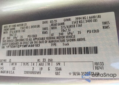 2021 Ford F-150 Xlt z USA, uszkodzony, nr VIN 1FTEW1EP1MFA98183